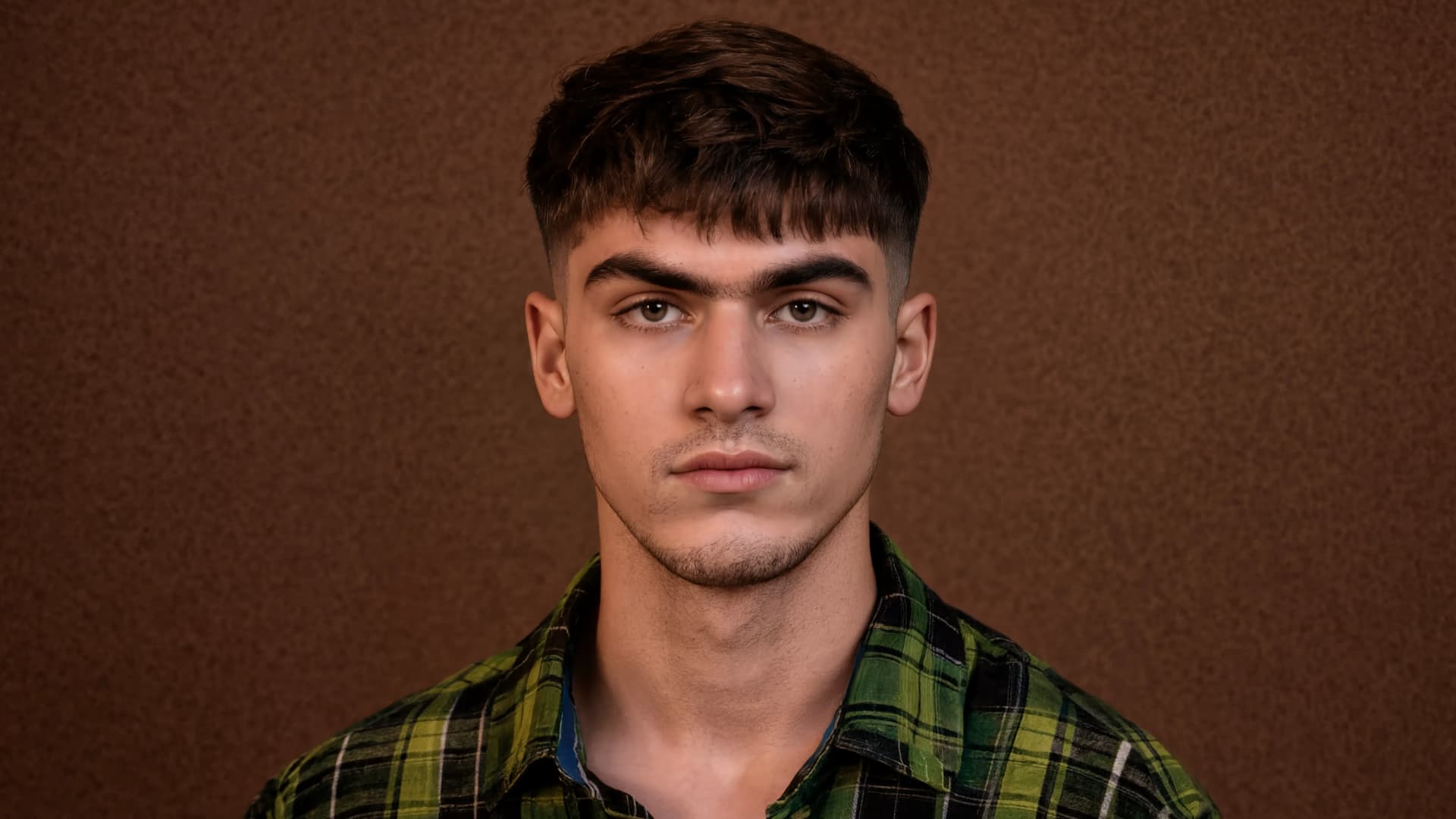 man wearing a green plaid shirt, featuring a textured crop haircut against a brown background