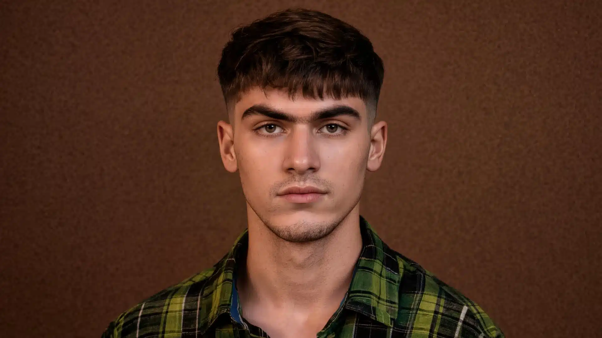 man wearing a green plaid shirt, featuring a textured crop haircut against a brown background