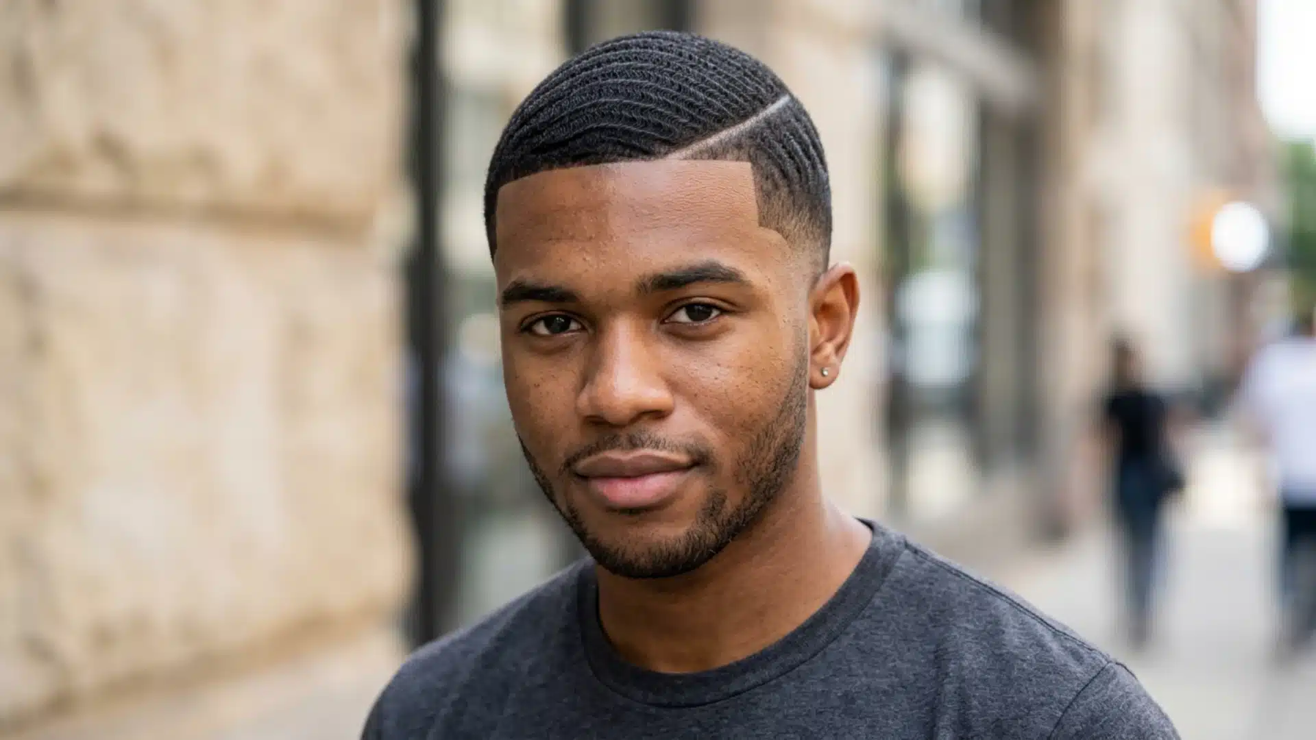 Man with 360 waves side swept crew cut, sharp line up and fade on a blurred street