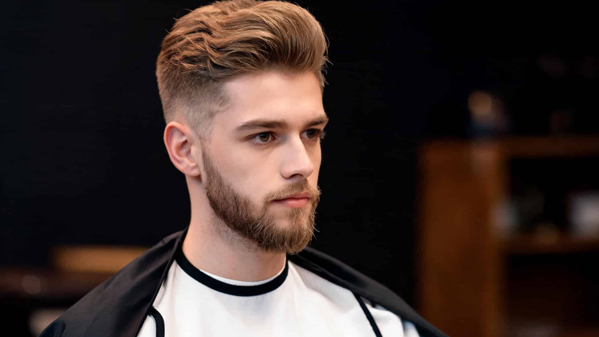 Man with a clean taper fade haircut and short beard in a barbershop (1)