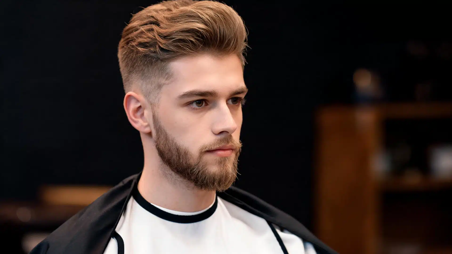 Man with a clean taper fade haircut and short beard in a barbershop (1)