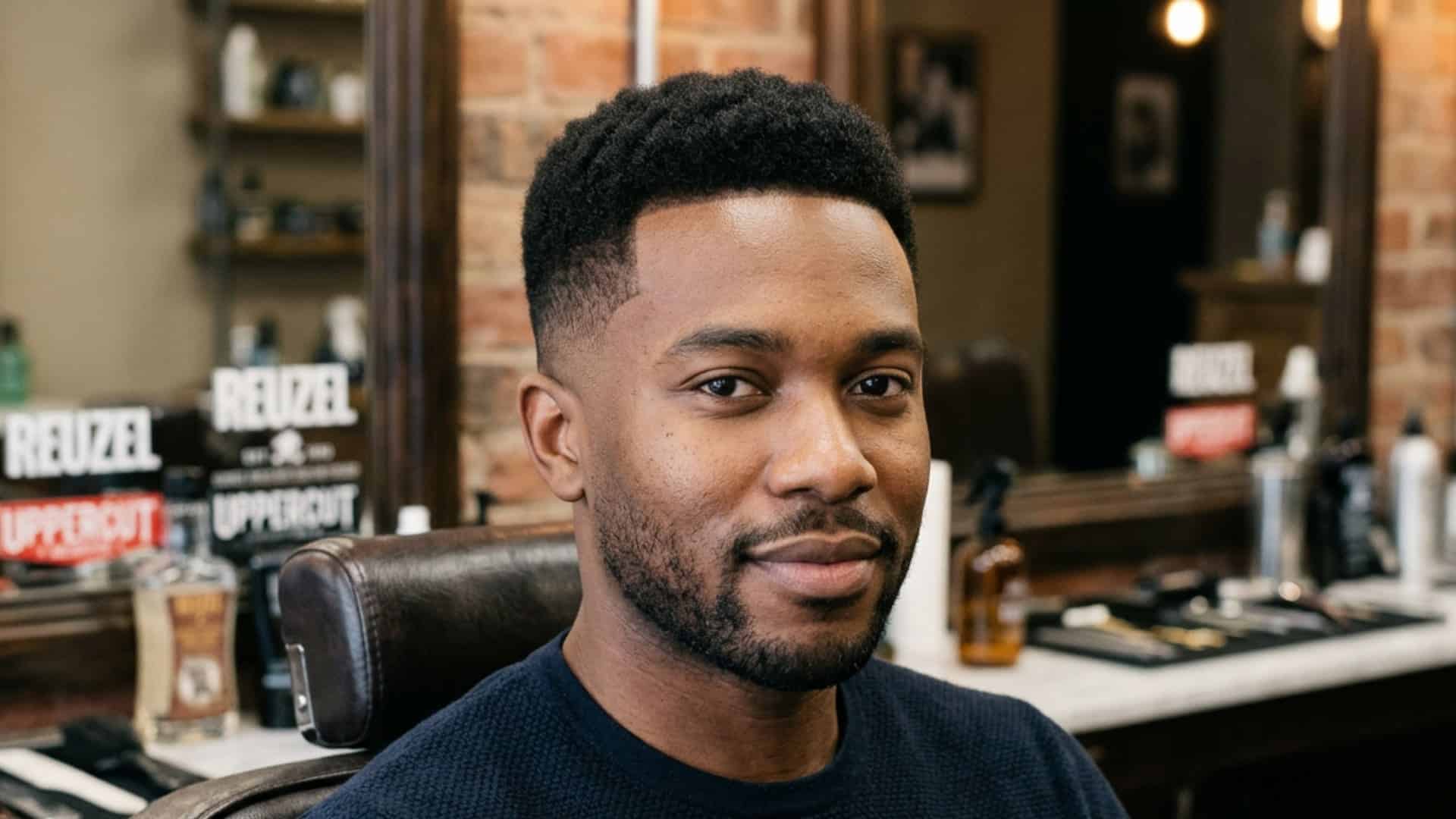 Man with a clean taper fade haircut and short beard in a barbershop