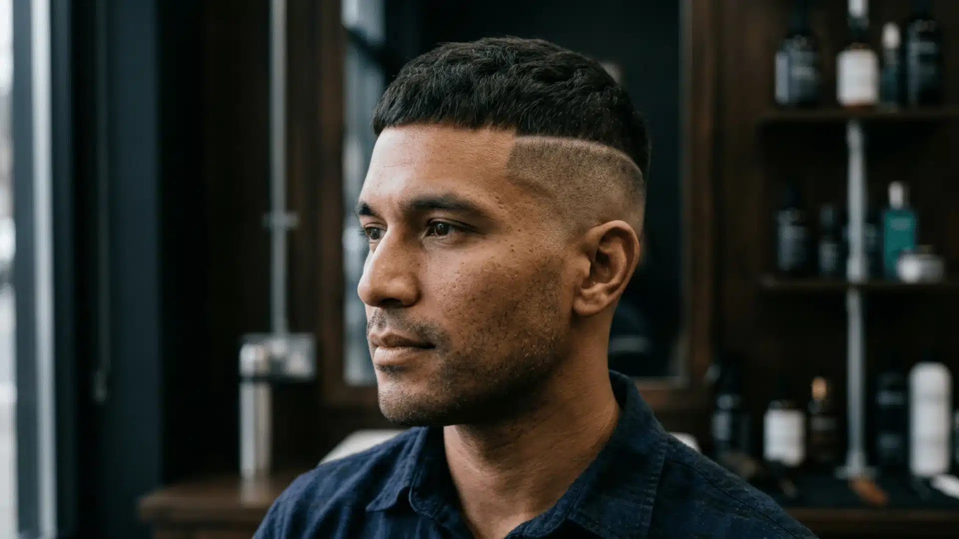 Man with a disconnected fade buzz cut showing a clear line between top and sides