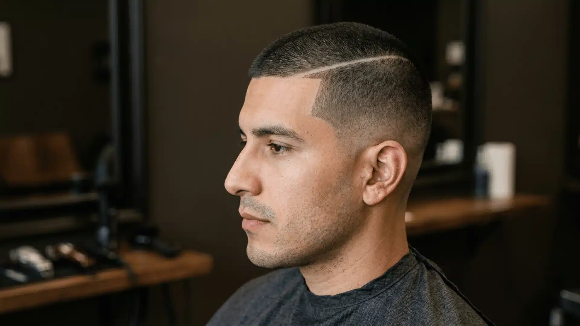 Man with a medium buzz cut and a clearly shaved hard part on one side