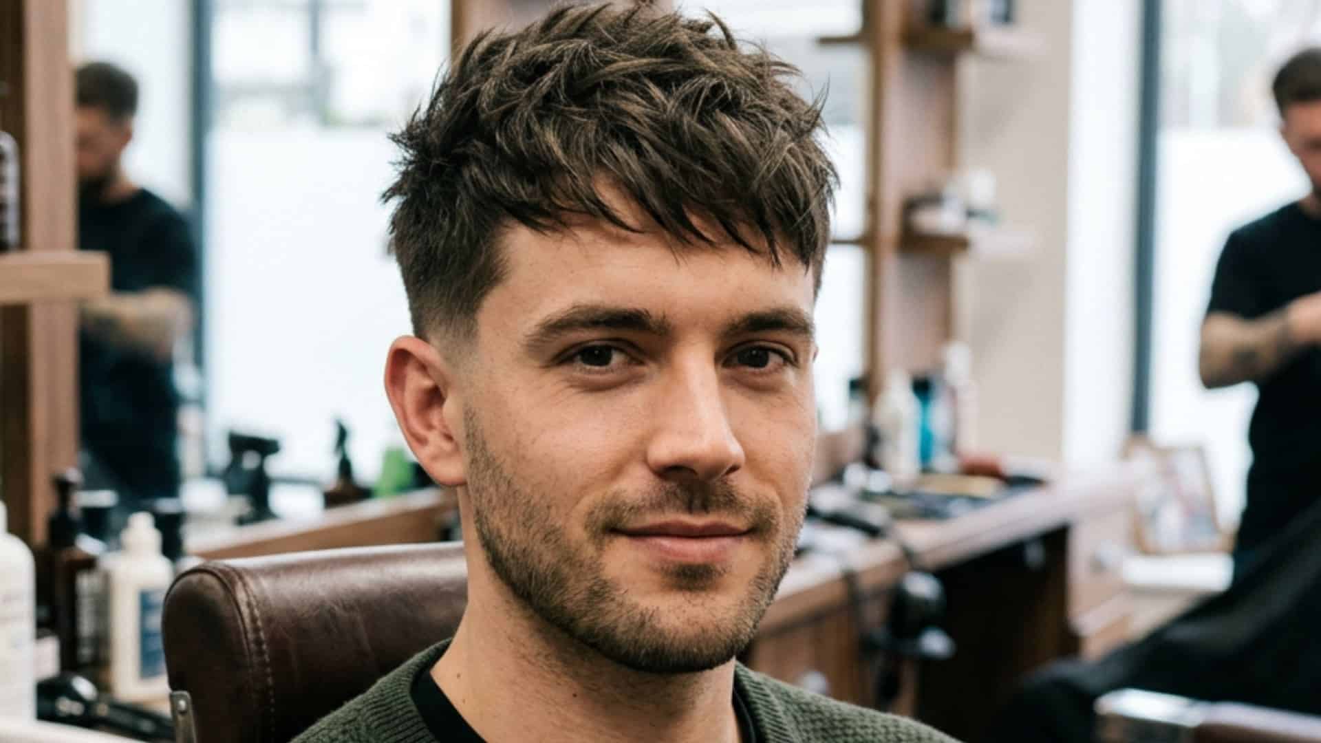 Man with a messy, textured crop haircut and light stubble smiling in a barbershop setting