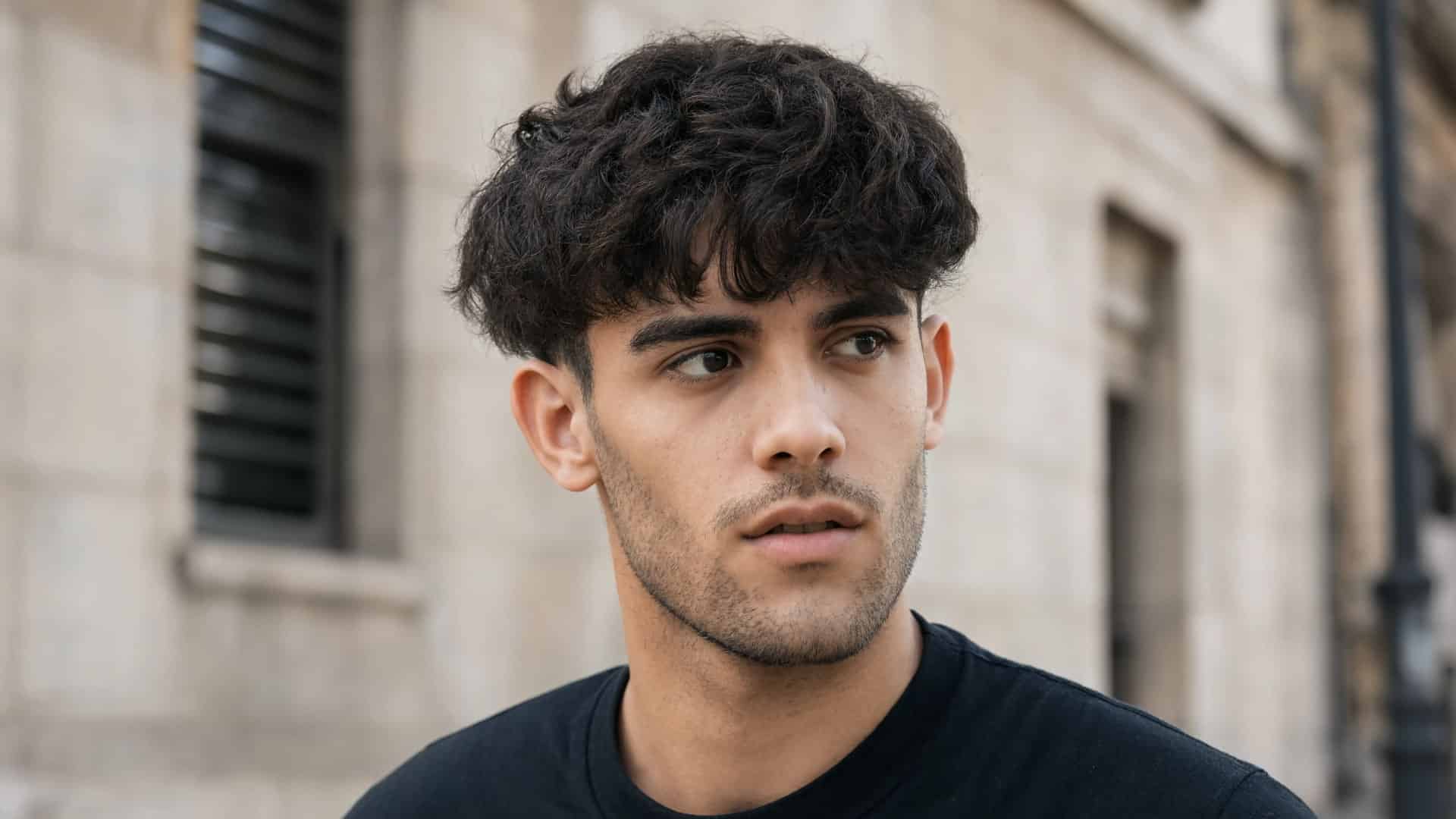 man with a messy, wavy Caesar haircut outdoors against a blurred stone building