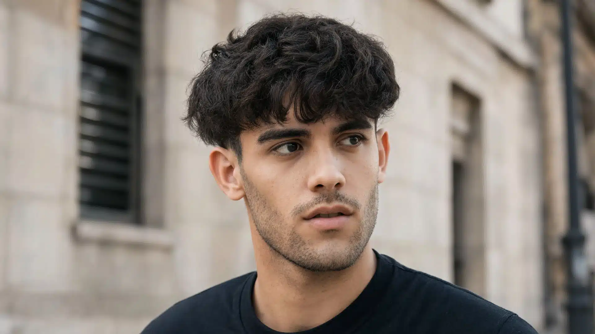man with a messy, wavy Caesar haircut outdoors against a blurred stone building