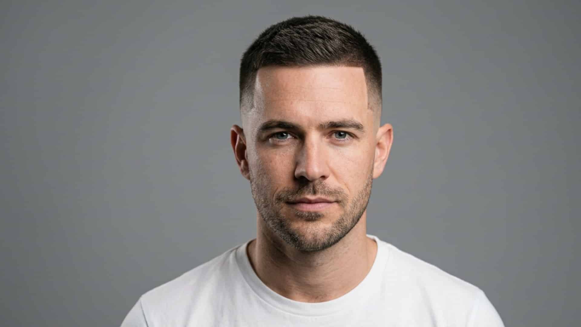 Man with a sharp crew cut haircut and stubble against a gray background.