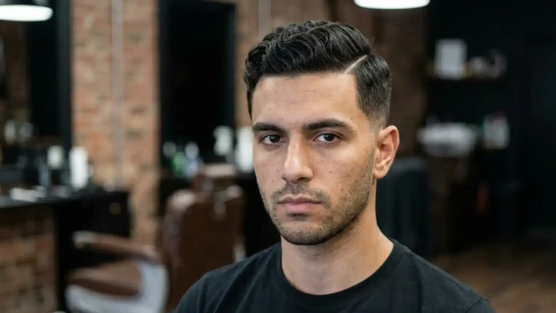 Man with a side swept crew cut, sharp side part, and low fade sitting in a modern barbershop