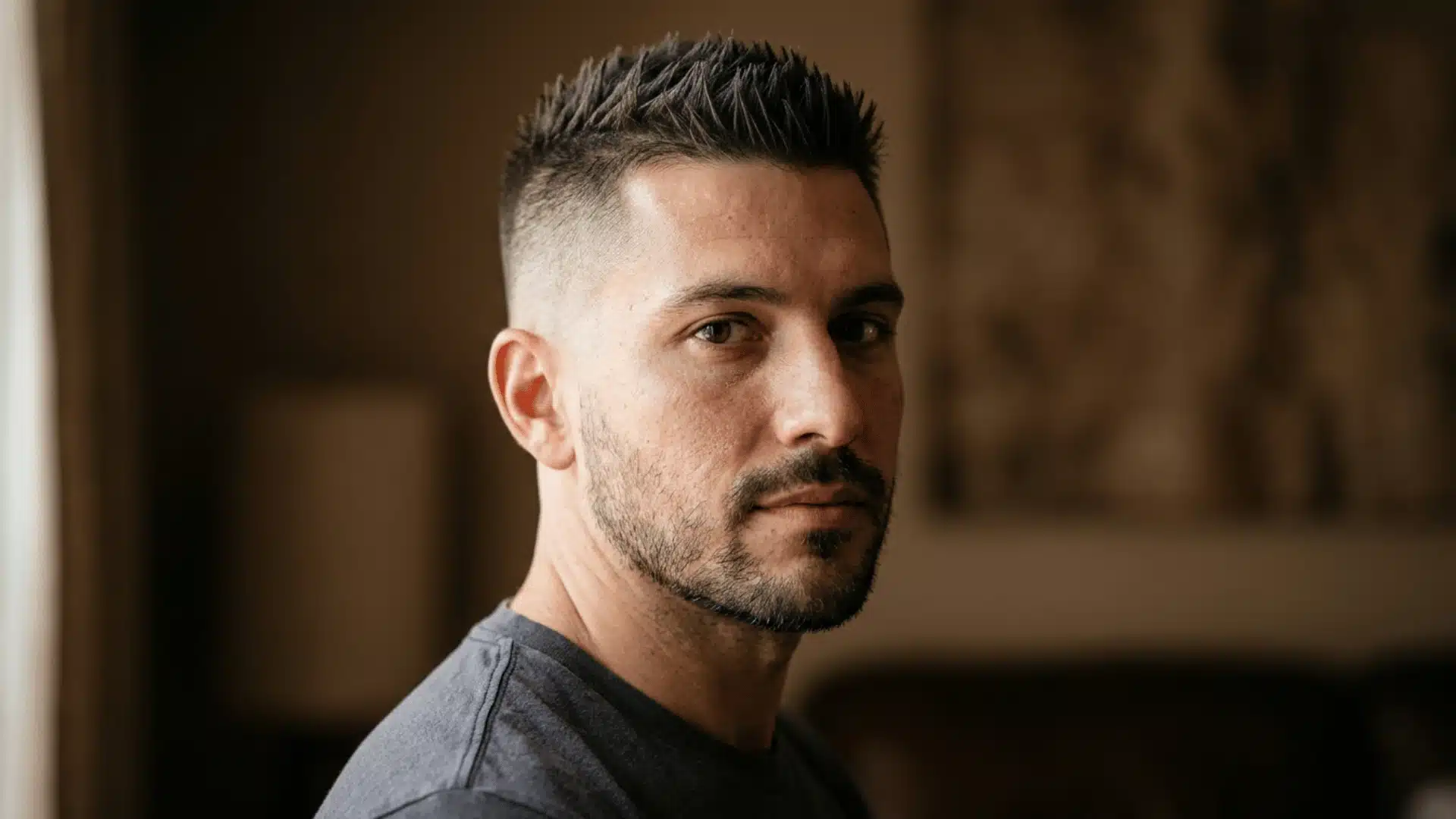 Man with a spiky buzz cut showing short raised spikes on top