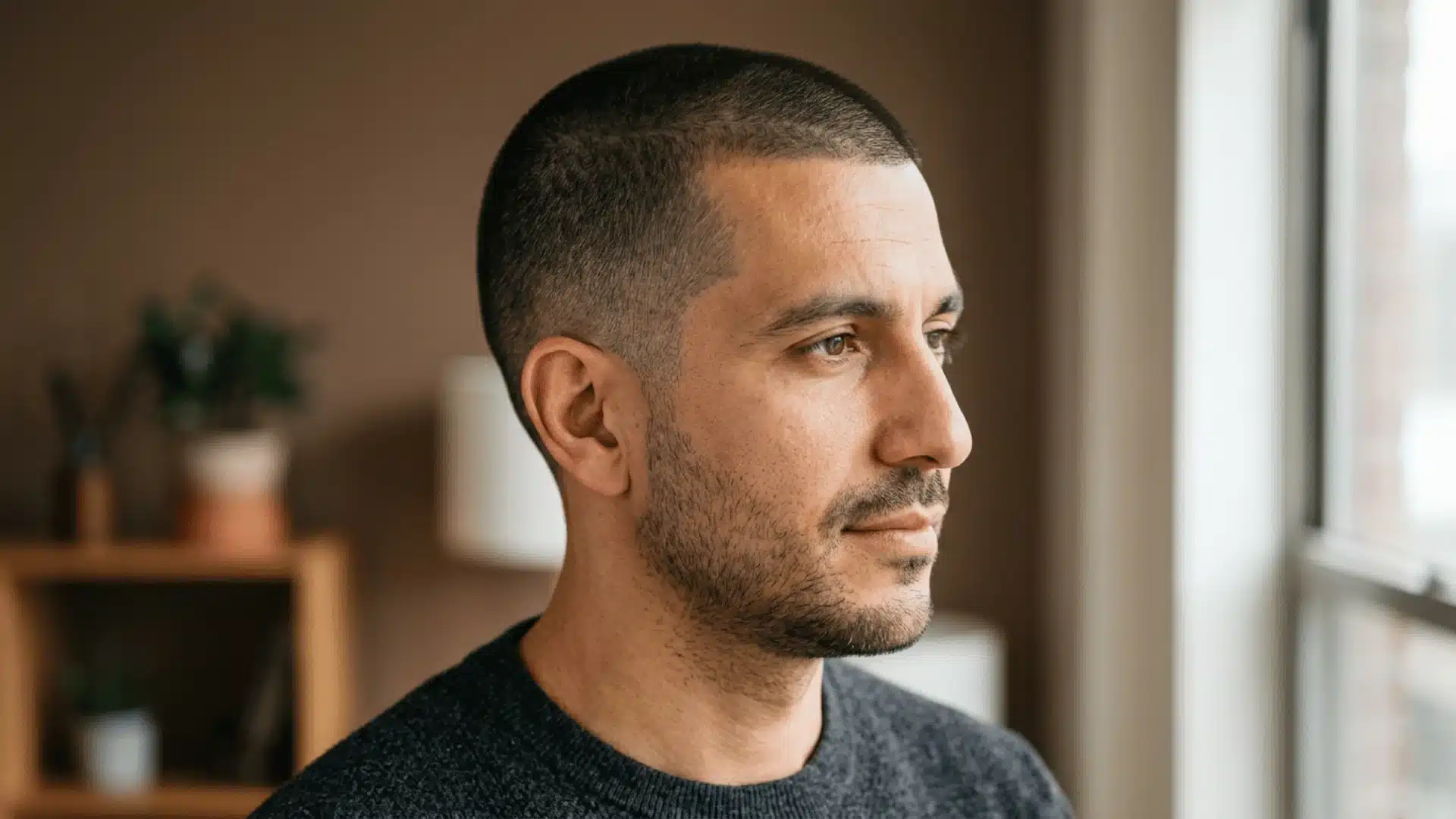 Man with a taper buzz cut showing gradual shortening near the sideburns