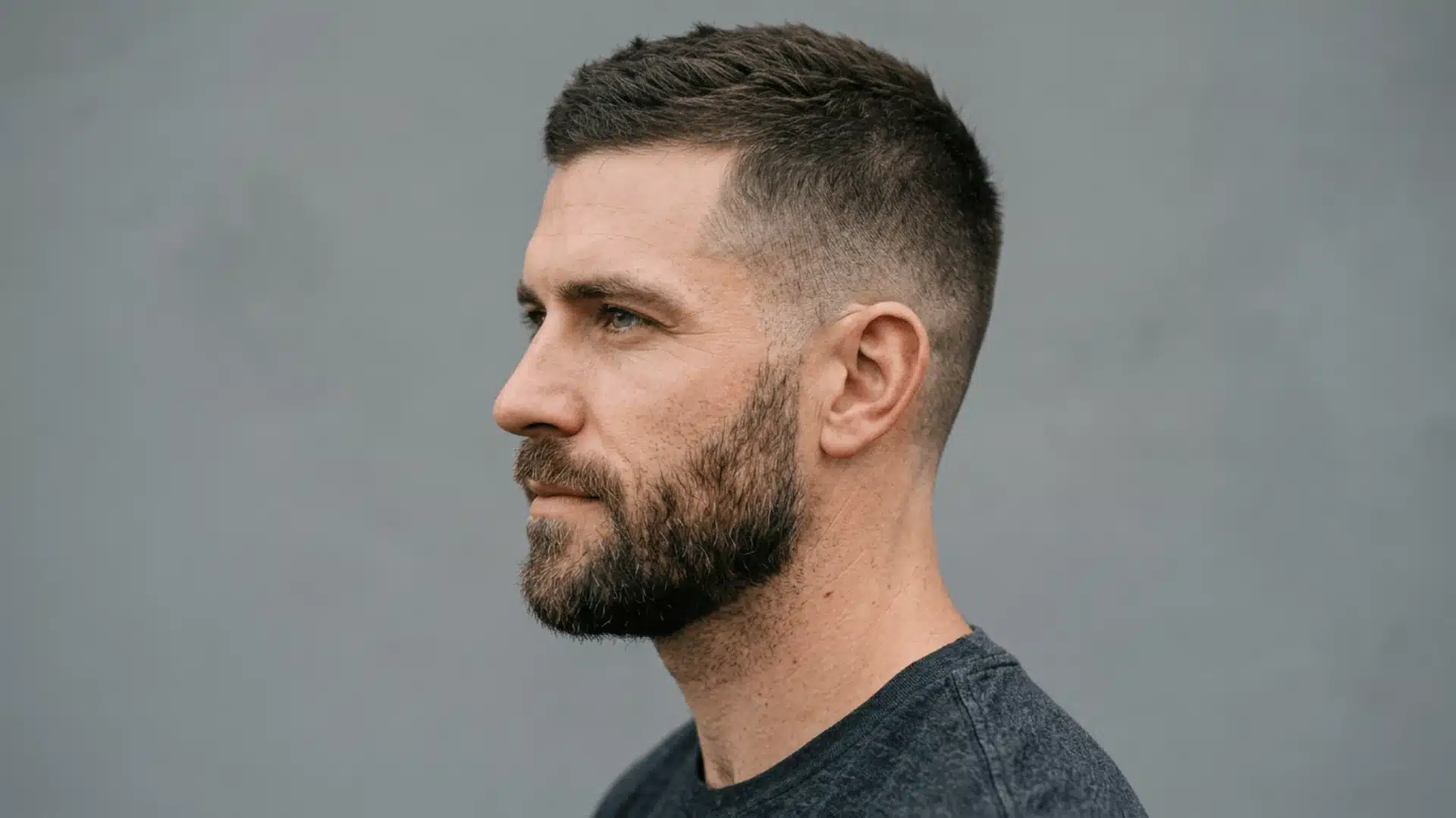 Man with a textured buzz cut featuring uneven choppy texture and visible movement on top