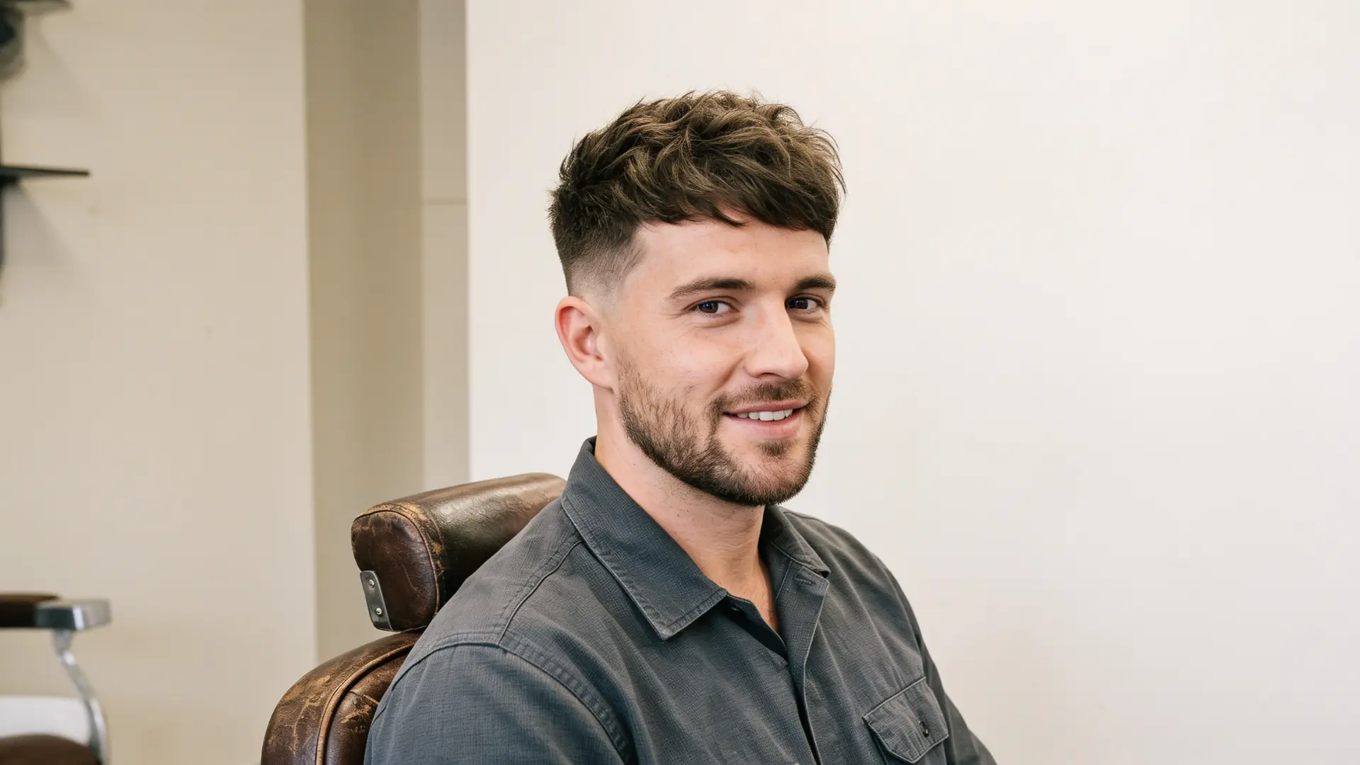 Man with an oblong face wearing a textured crop and low fade.