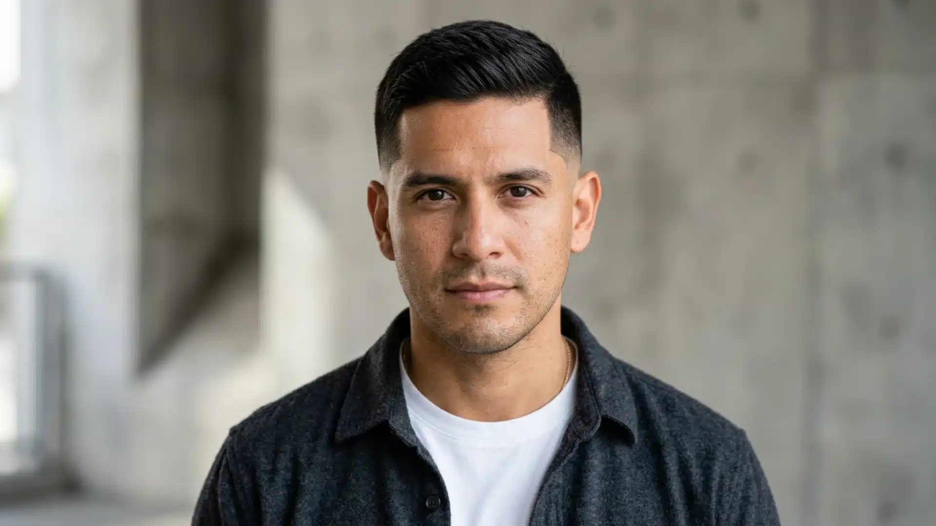Man with crop inspired side swept crew cut and mid fade in a concrete studio