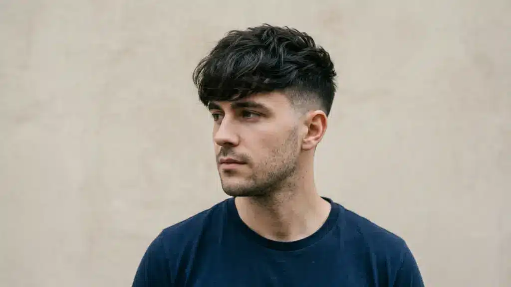 Man with dark wavy textured crop haircut, low skin fade on the sides, and natural curly fringe forward