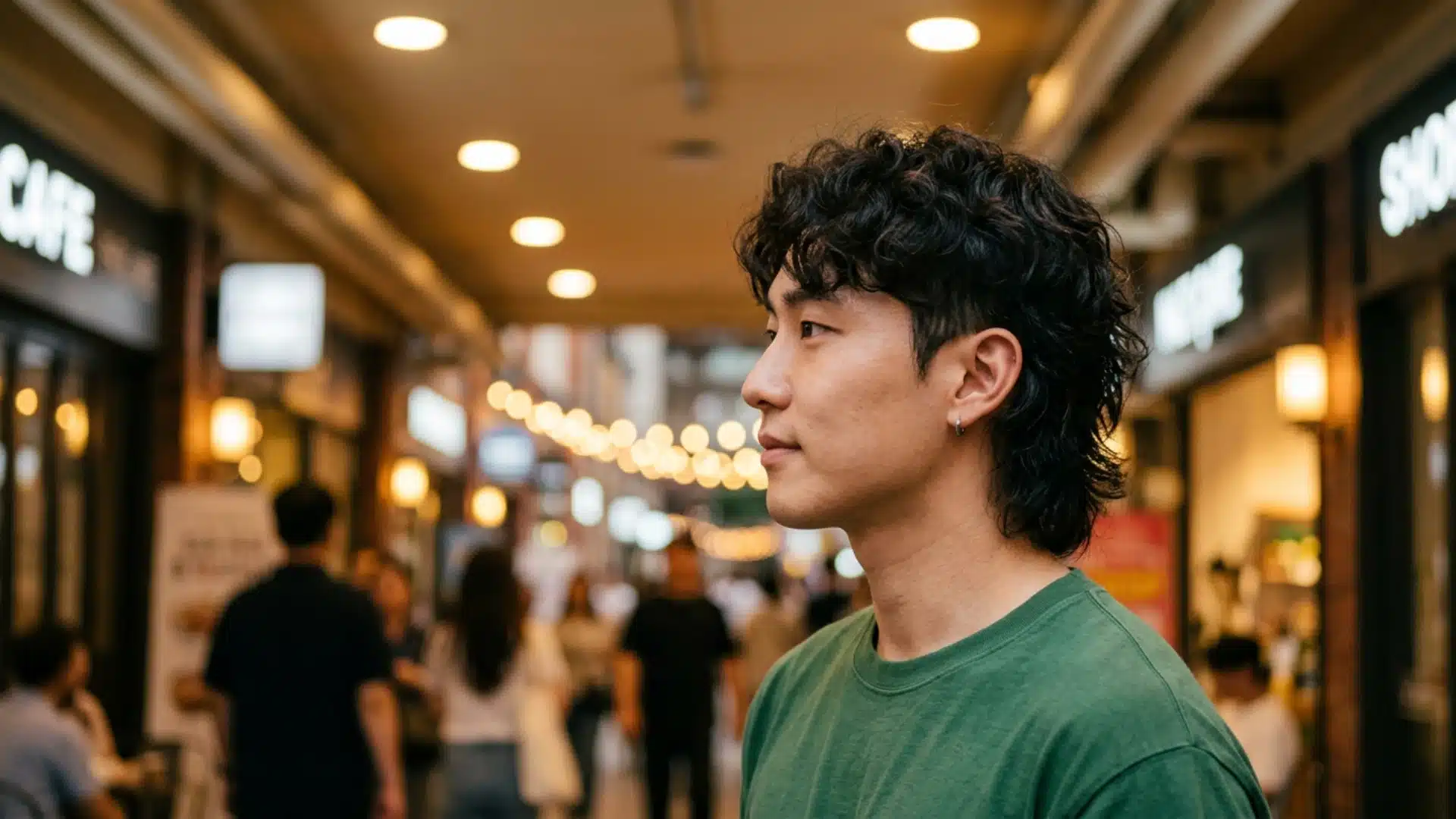 Man with Korean perm mullet showing wavy top and longer layered back hair
