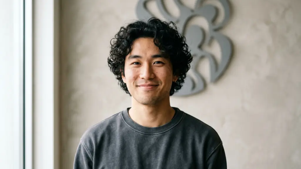 Man with medium-length Korean perm showing full natural curls and soft volume in a salon setting