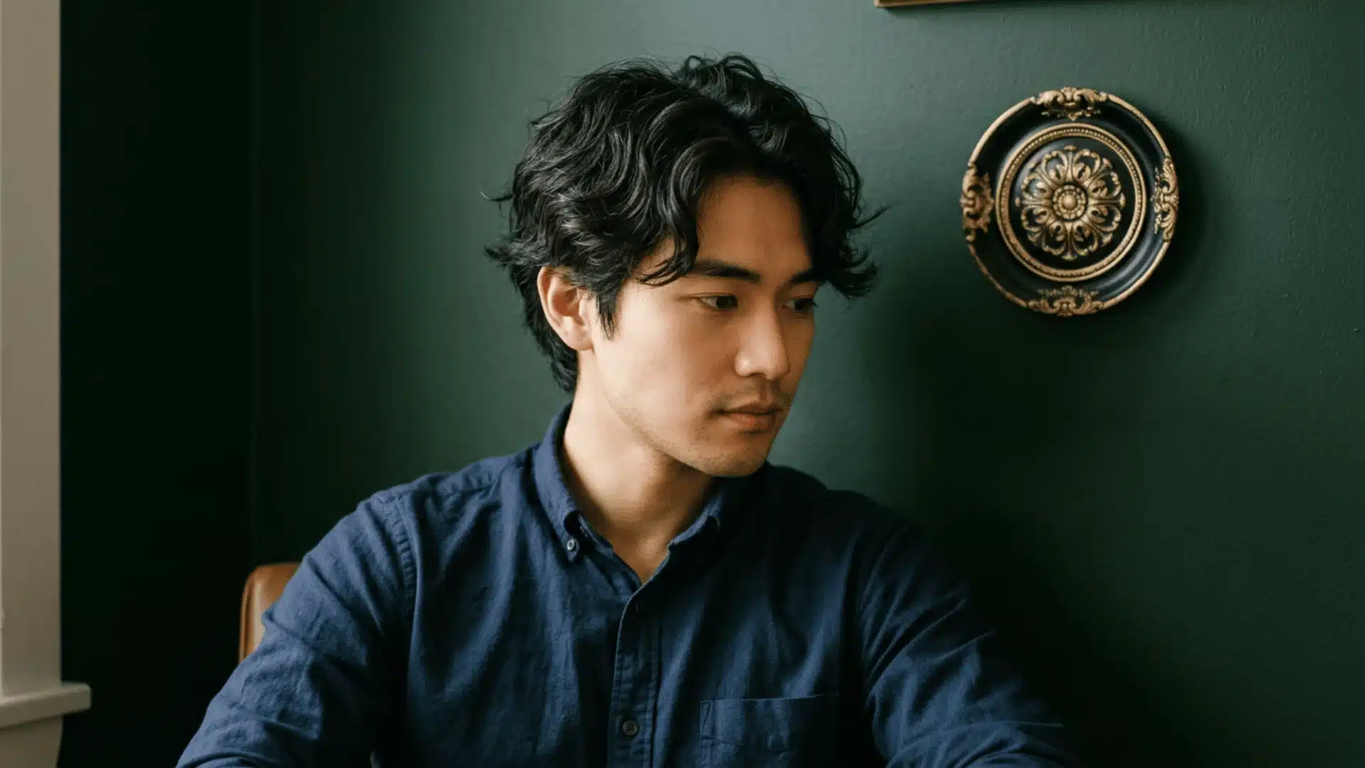 Man with middle part Korean perm showing relaxed waves falling on both sides