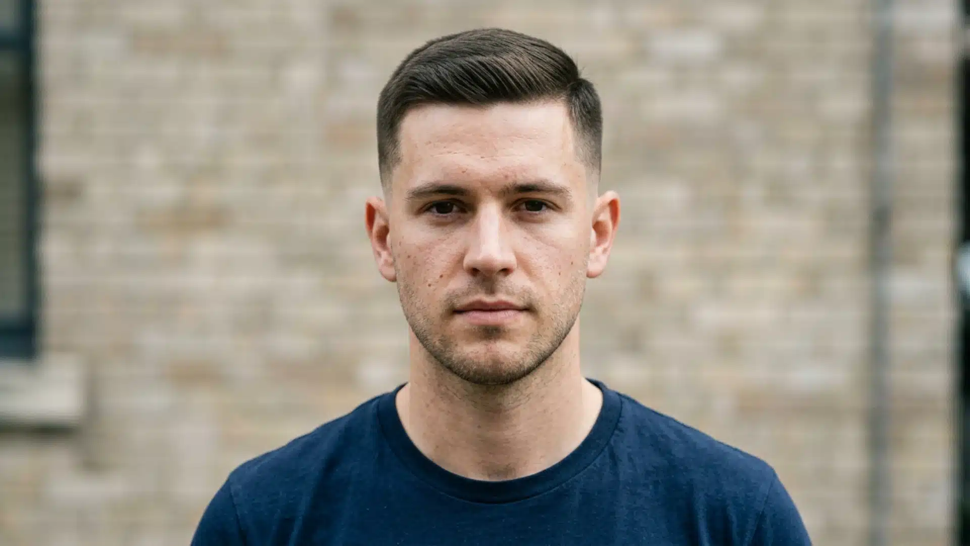 Man with military clean side swept crew cut and taper against a brick wall