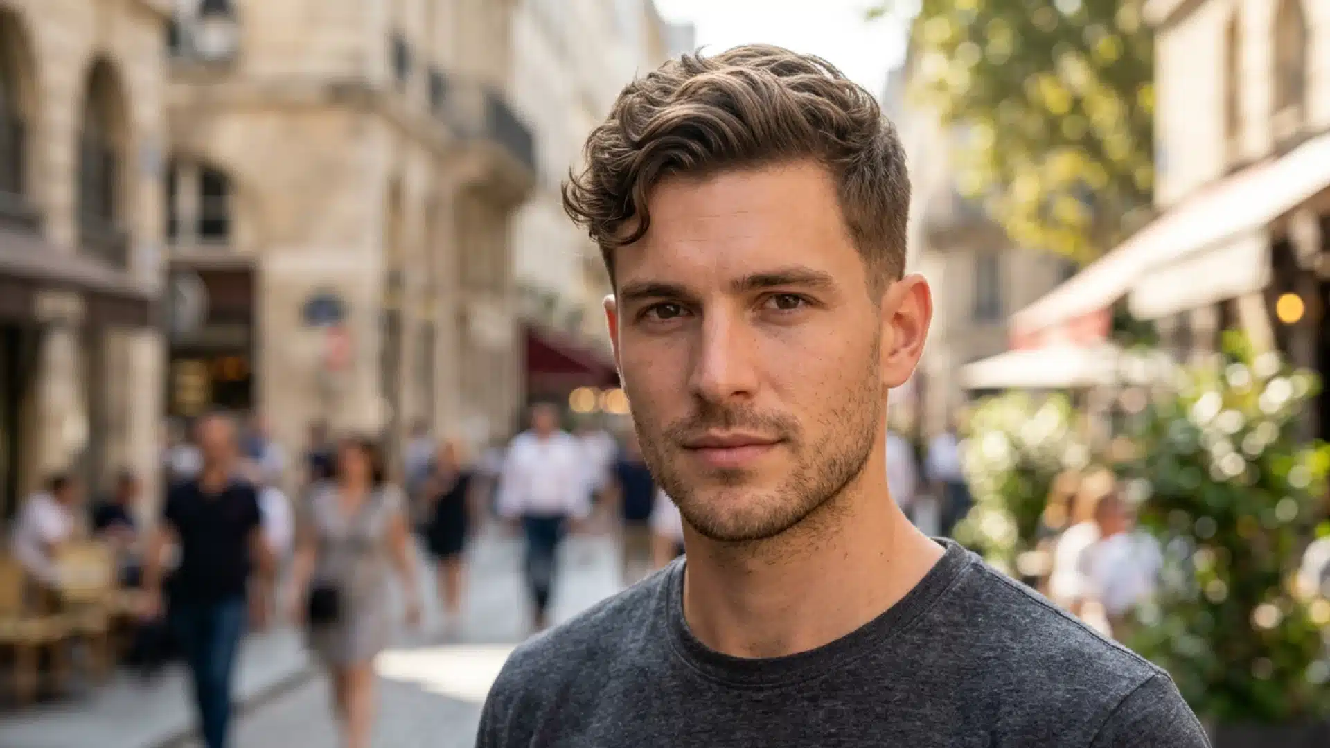 Man with natural wave side swept crew cut on a blurred city street
