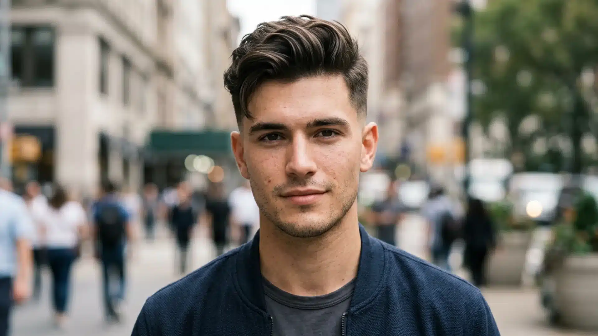 Man with quiff sweep hybrid haircut in navy jacket on a blurred city street