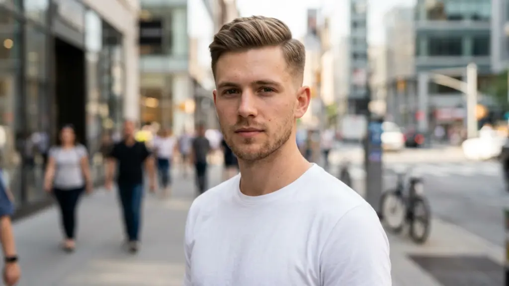 Man with side swept crew cut in white shirt on a city street