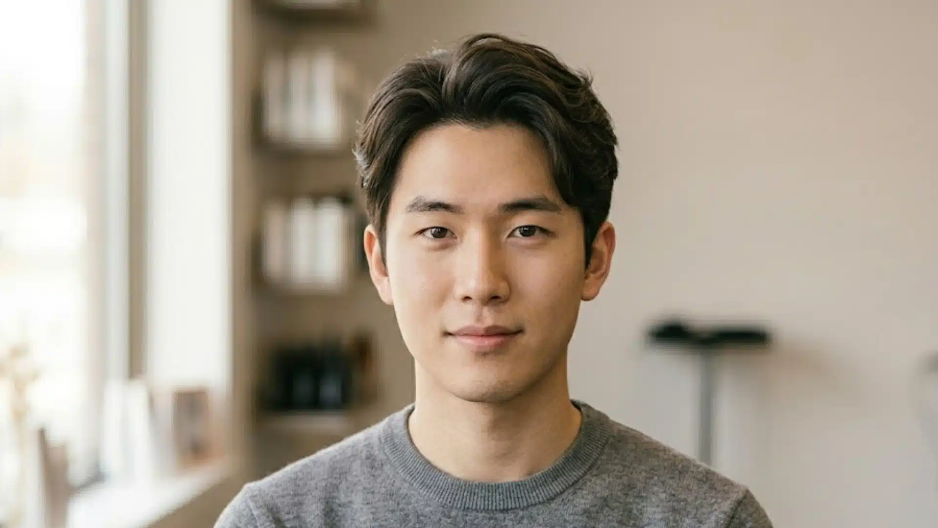 Man with soft Korean perm hairstyle sitting indoors with natural volume and relaxed textured hair