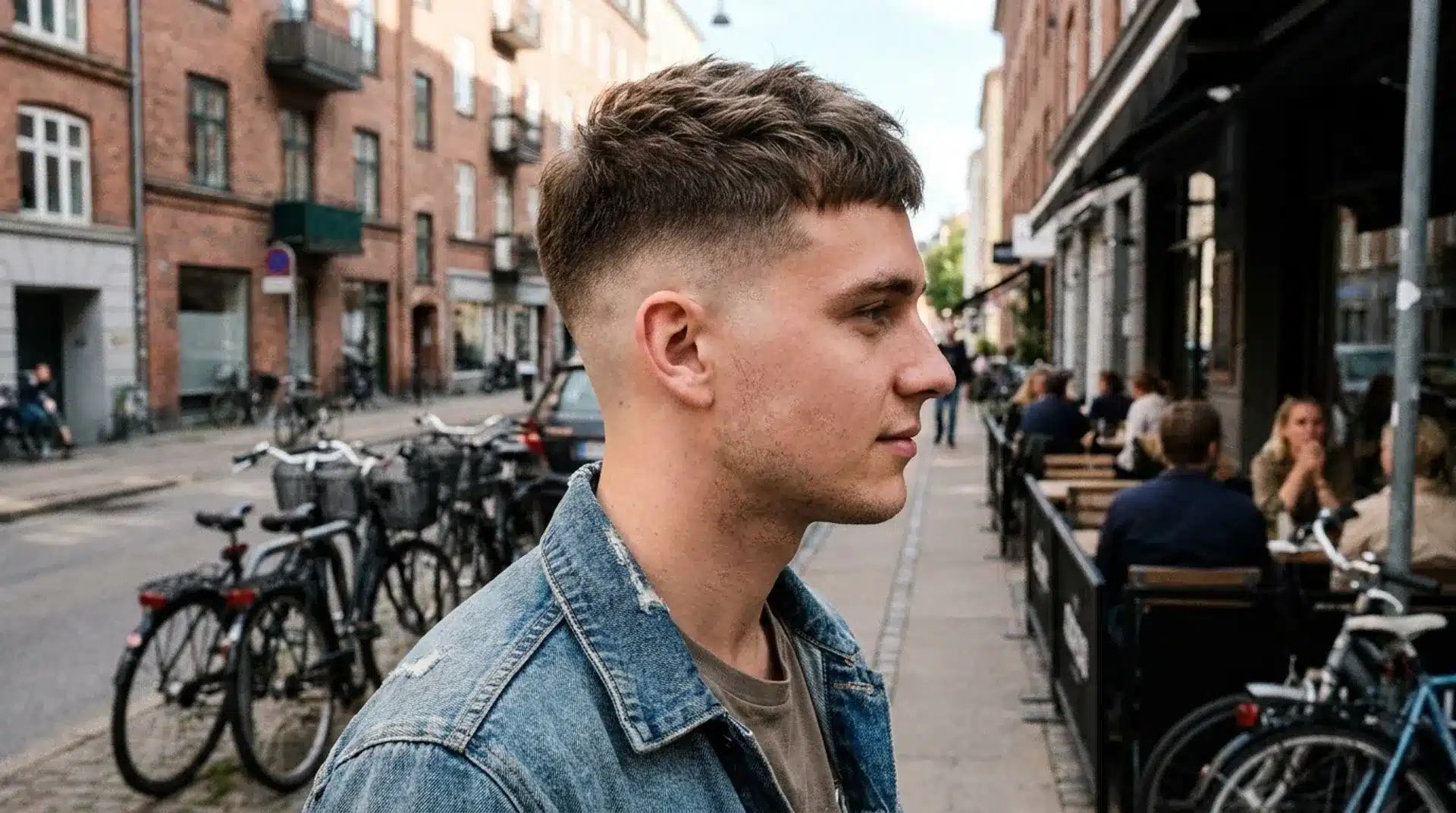 Man with soft taper fade and piecey top standing on a city street with cafe seating behind him