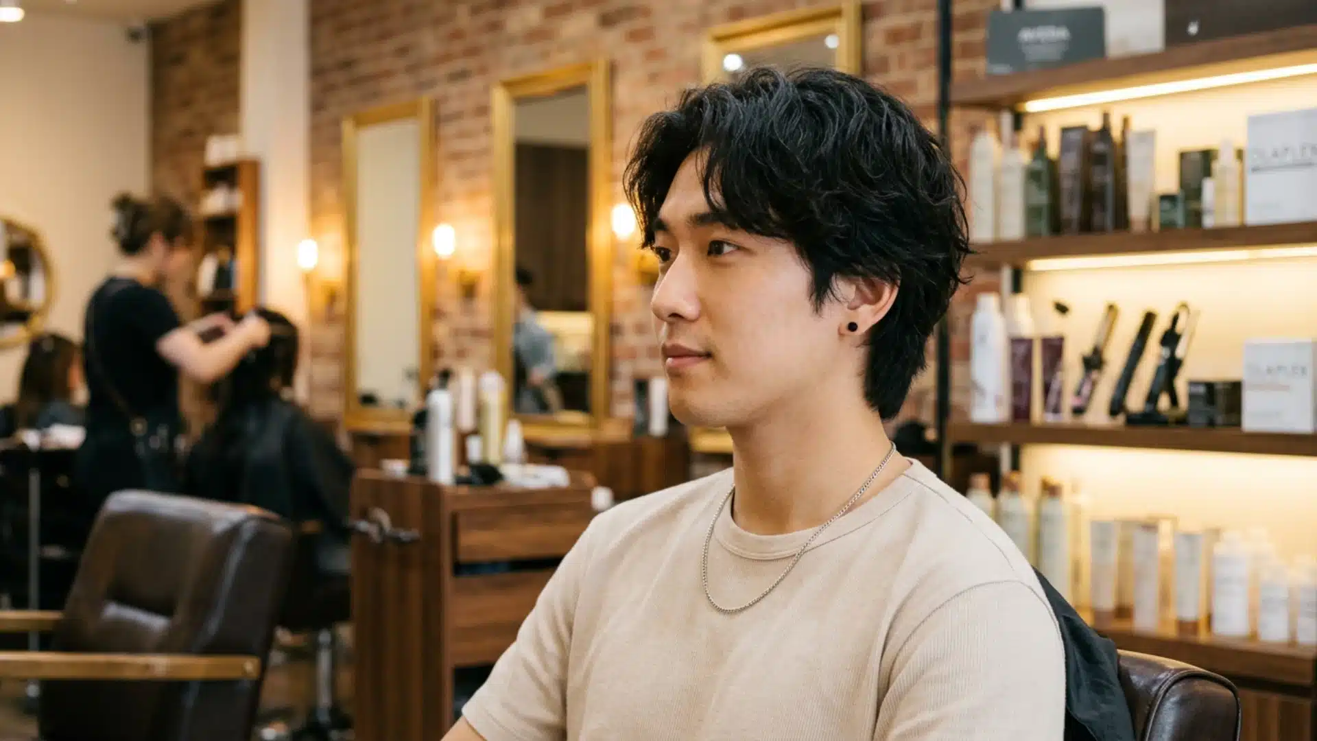 Man with soft wave Korean perm showing gentle movement on top of the hair