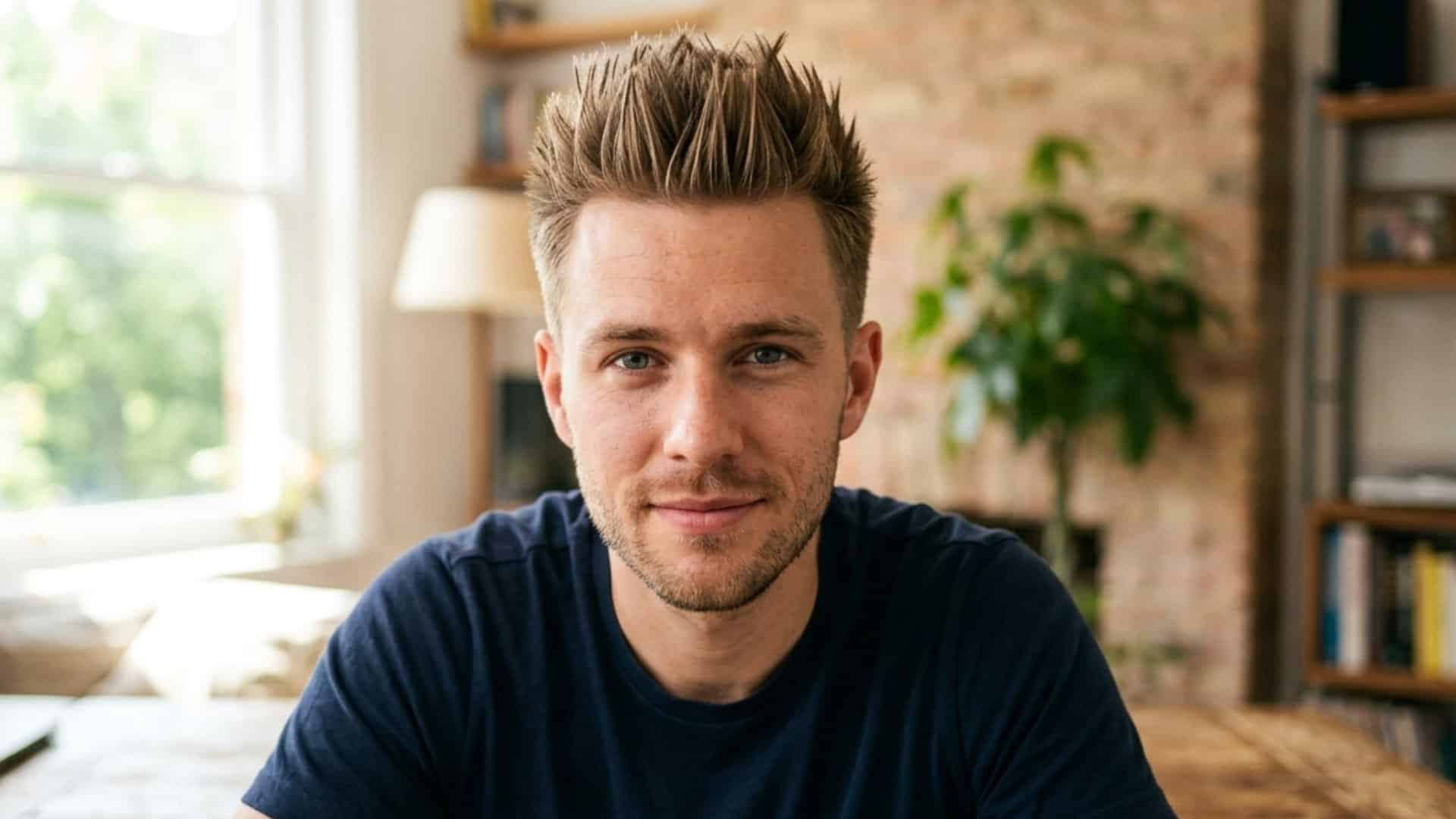 Man with styled spiky short hair smiling in a brightly lit indoor room