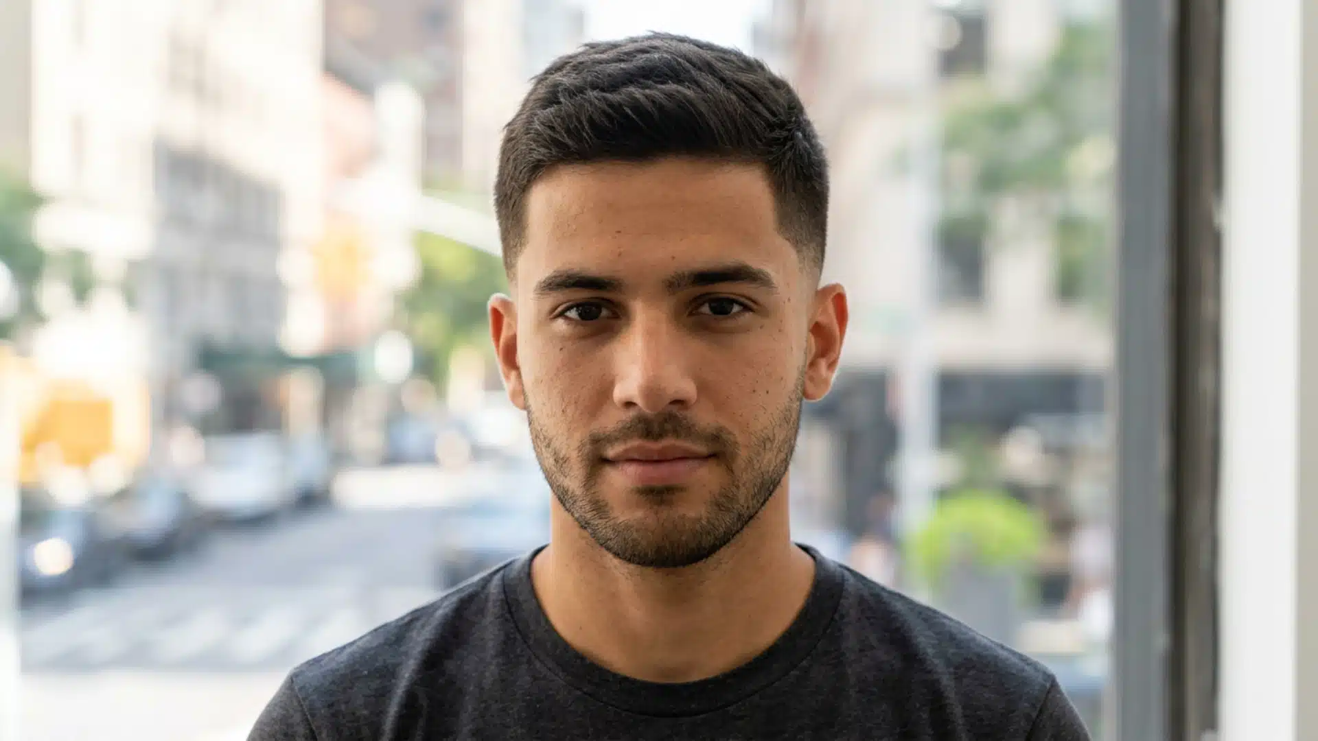 Man with temple fade crew cut and short textured top on a blurred city background