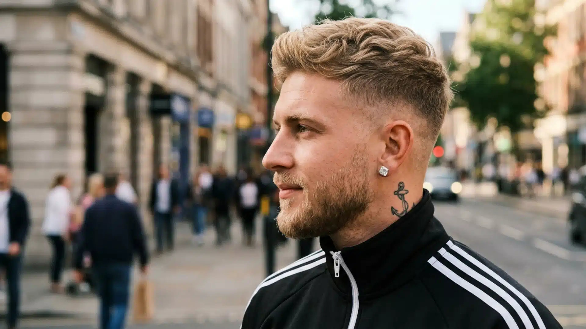 Man with textured French crop fade haircut standing on a city street