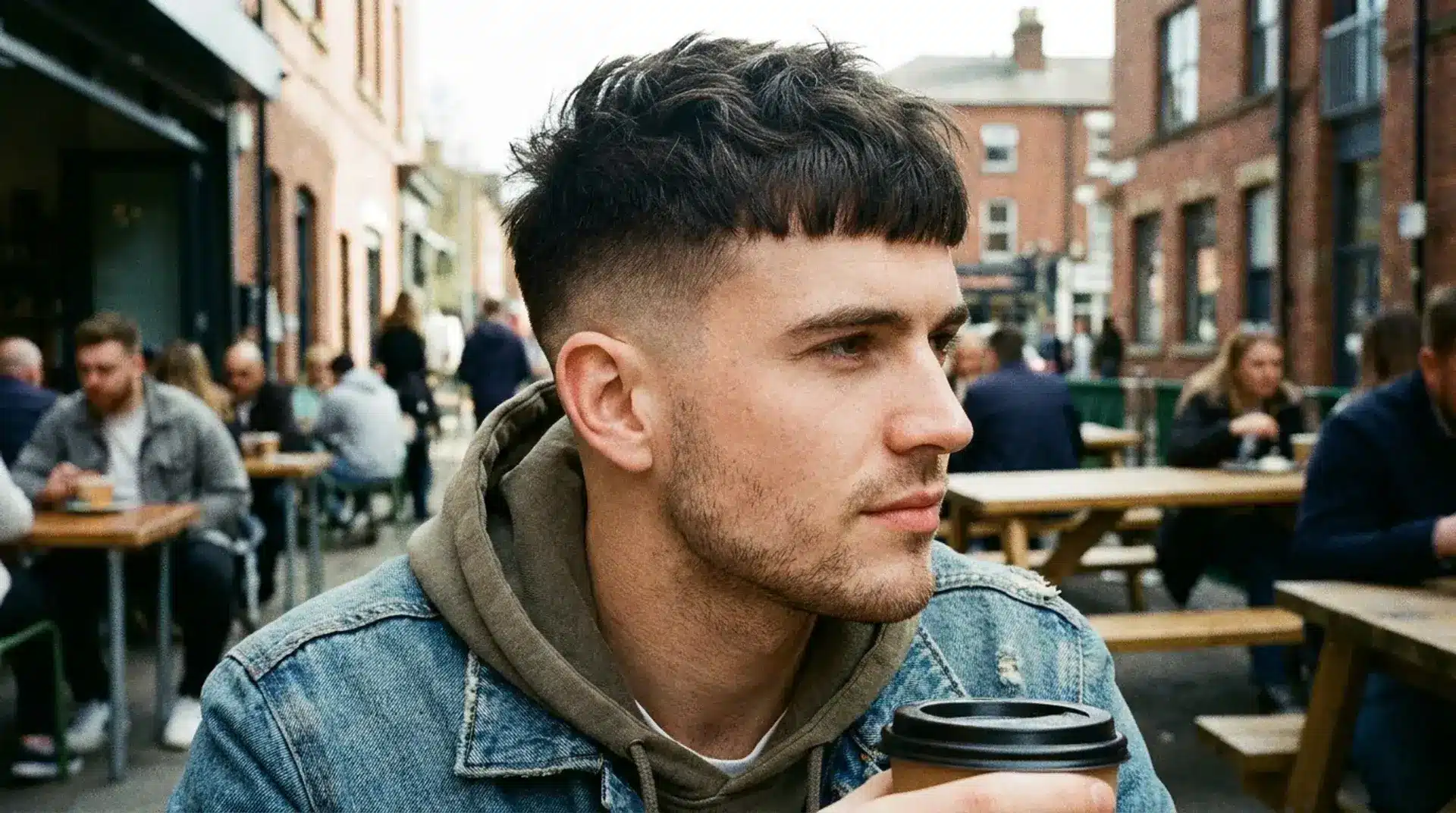 Man with textured French crop fade holding coffee at outdoor cafe with blurred street background
