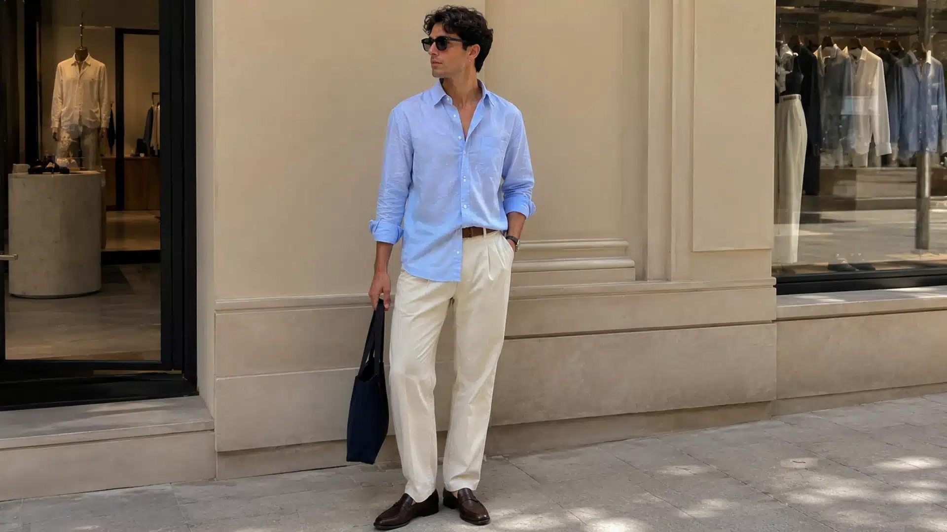 Man in a light blue button-up shirt, cream trousers, sunglasses, and loafers standing outside a storefront.