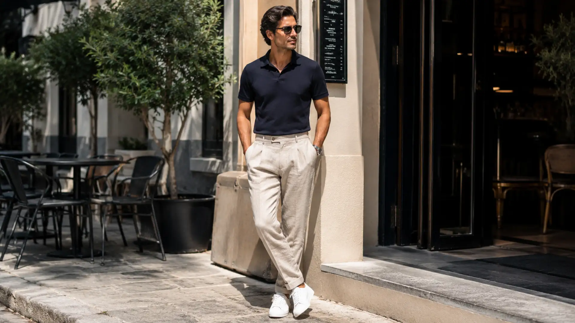 Man in a navy polo shirt, beige linen trousers, and white sneakers standing outside a cafe