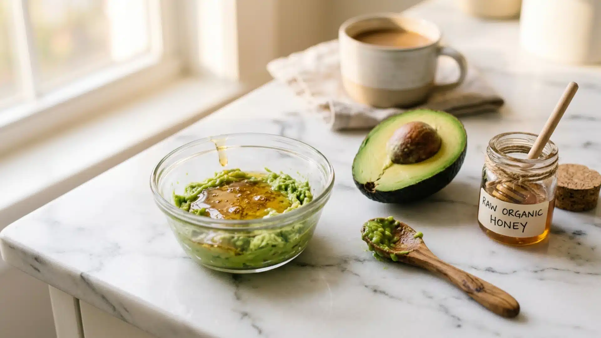 Mashed avocado with honey beside a sliced avocado and coffee