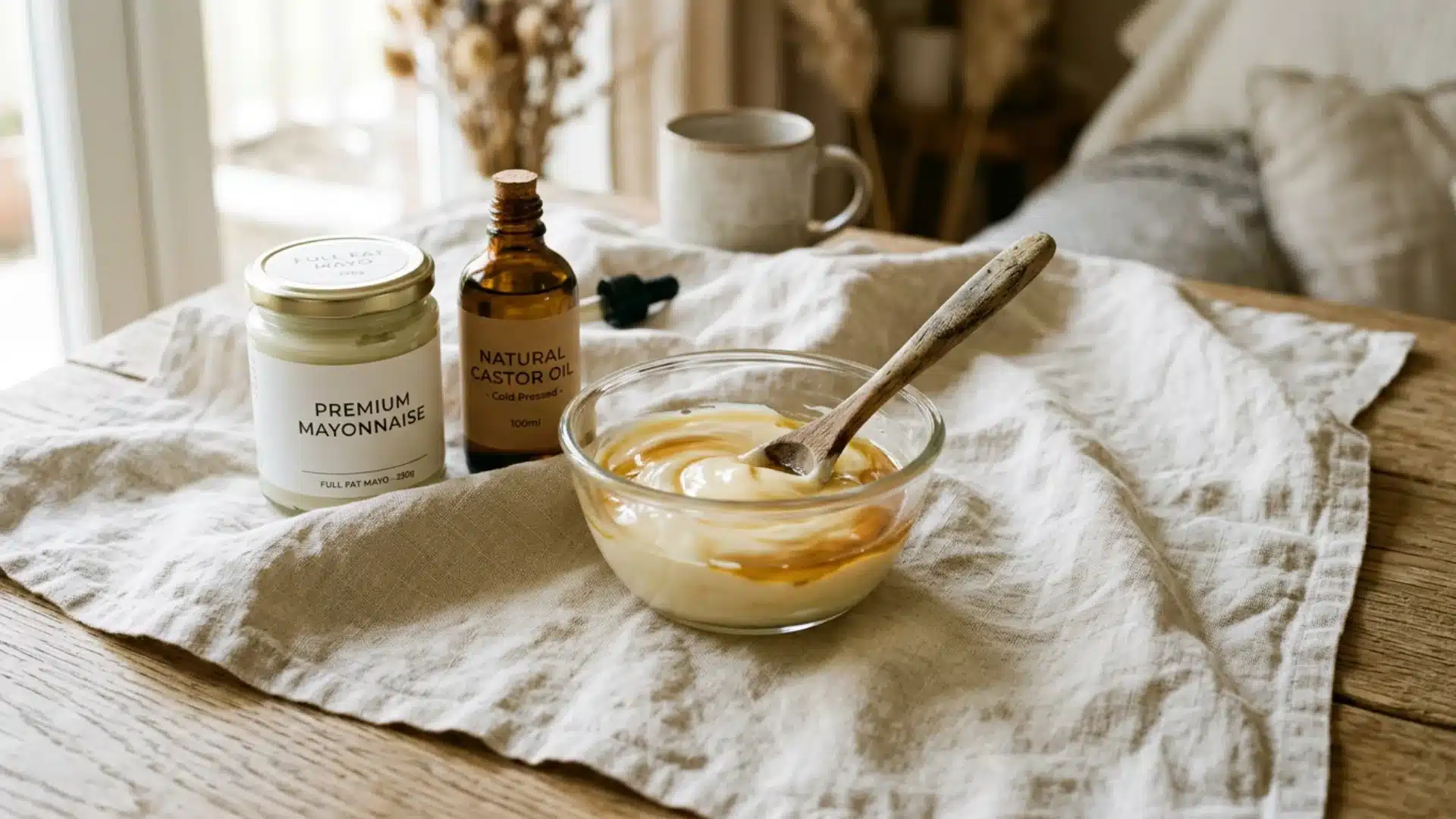 Mayonnaise and castor oil deep moisture mask on linen