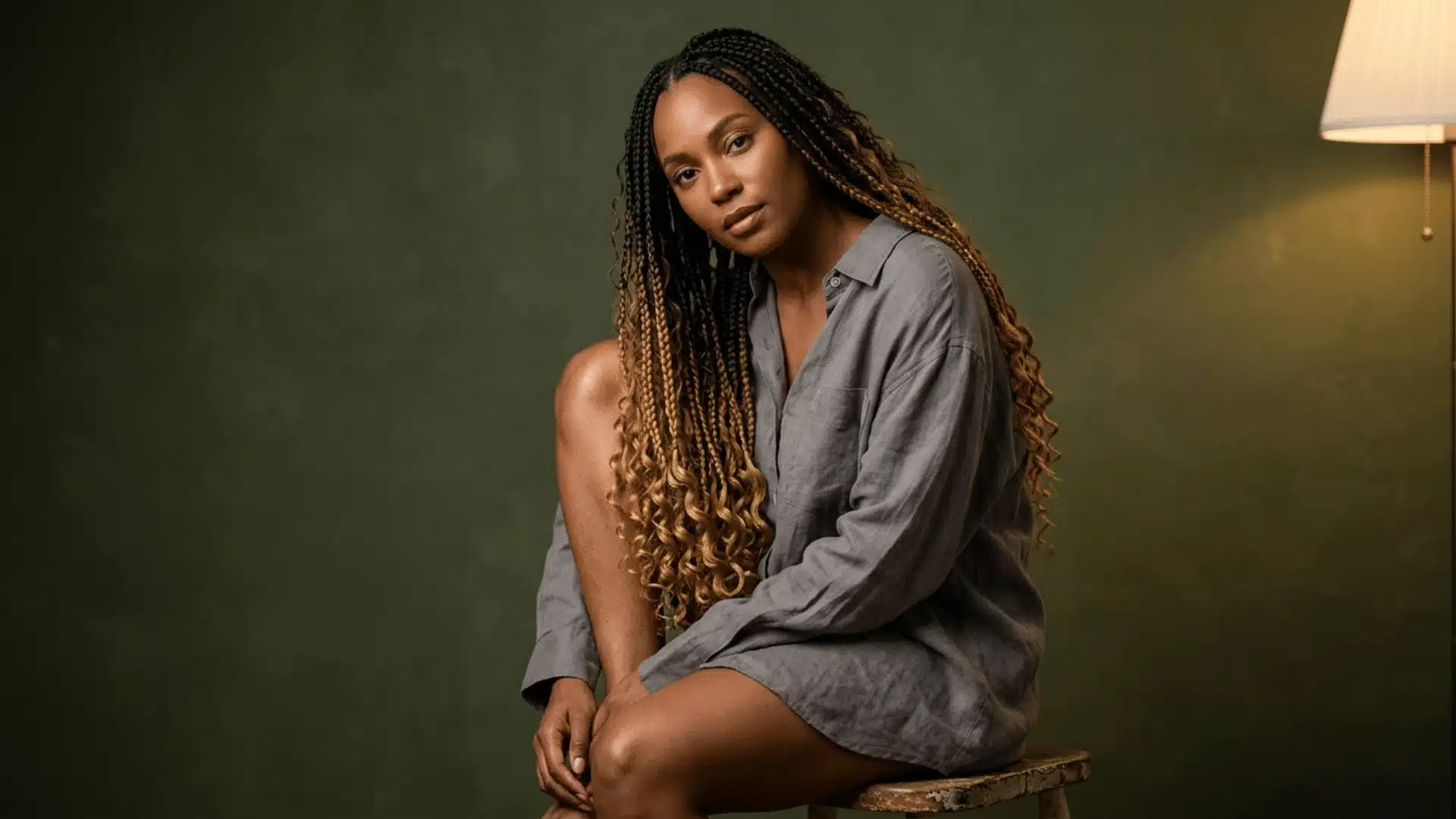 Medium brown-skinned woman with dark-to-blonde ombre boho braids the colour shift vivid in loose curly ends