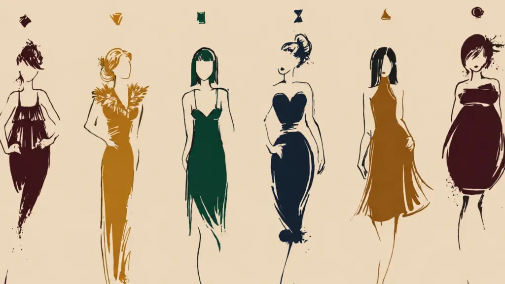 Minimalist fashion illustration of elegant women in colorful dresses on a soft beige background, rendered in expressive ink-brush style