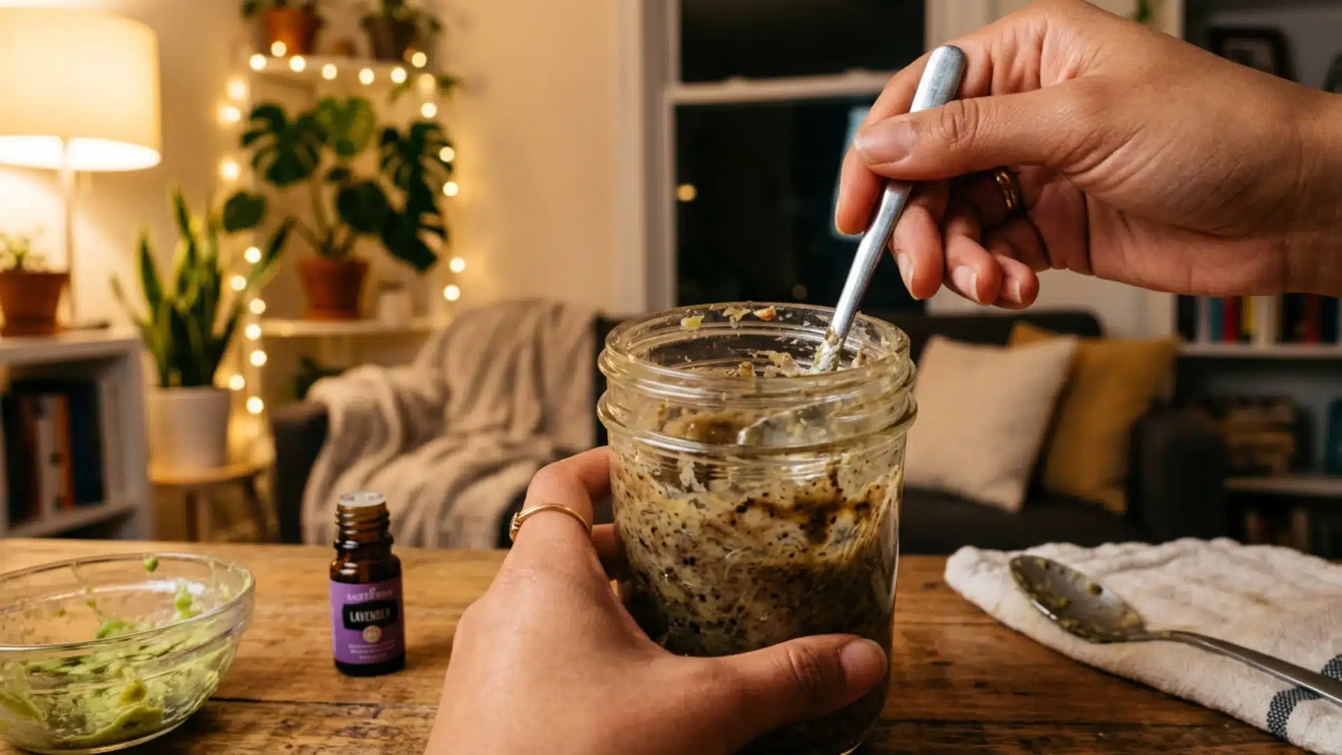 Mixing a homemade DIY hair mask in a glass jar with lavender oil nearby