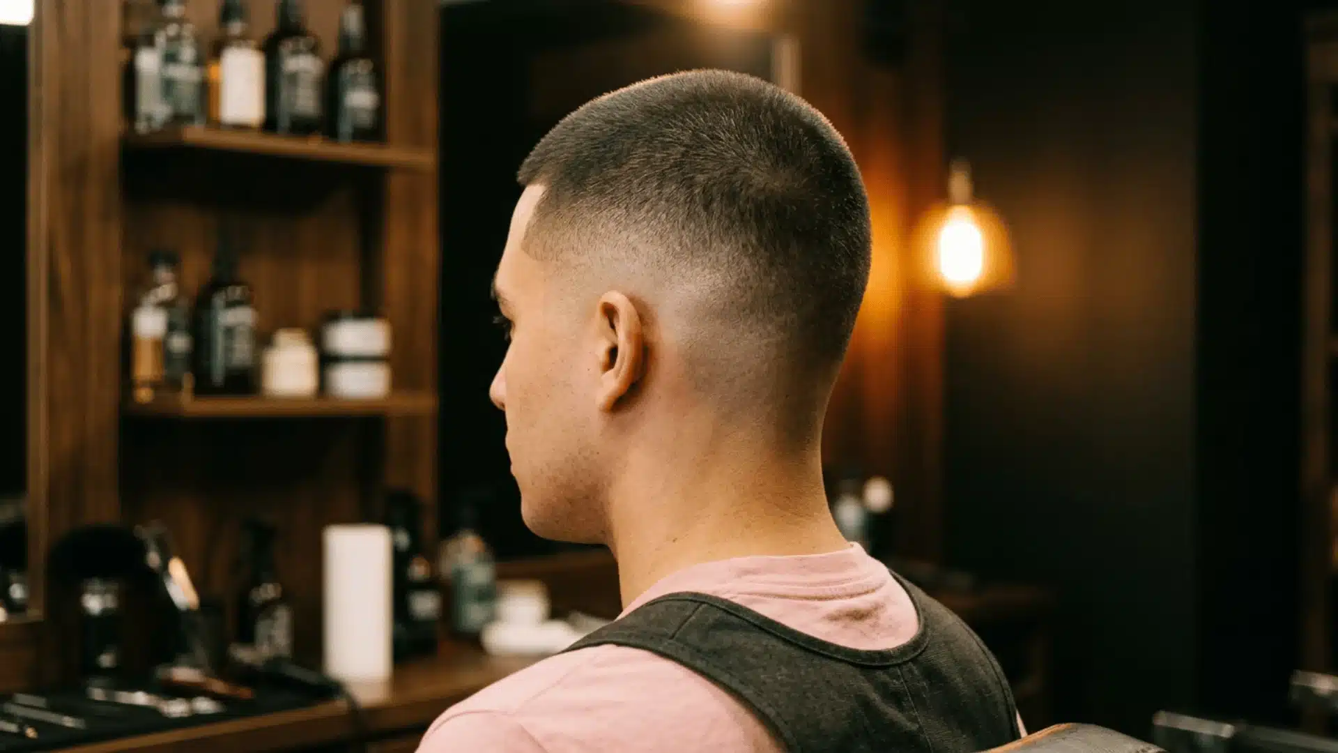 Muscular man with a skin fade buzz cut featuring bald faded sides and a sharp top blend