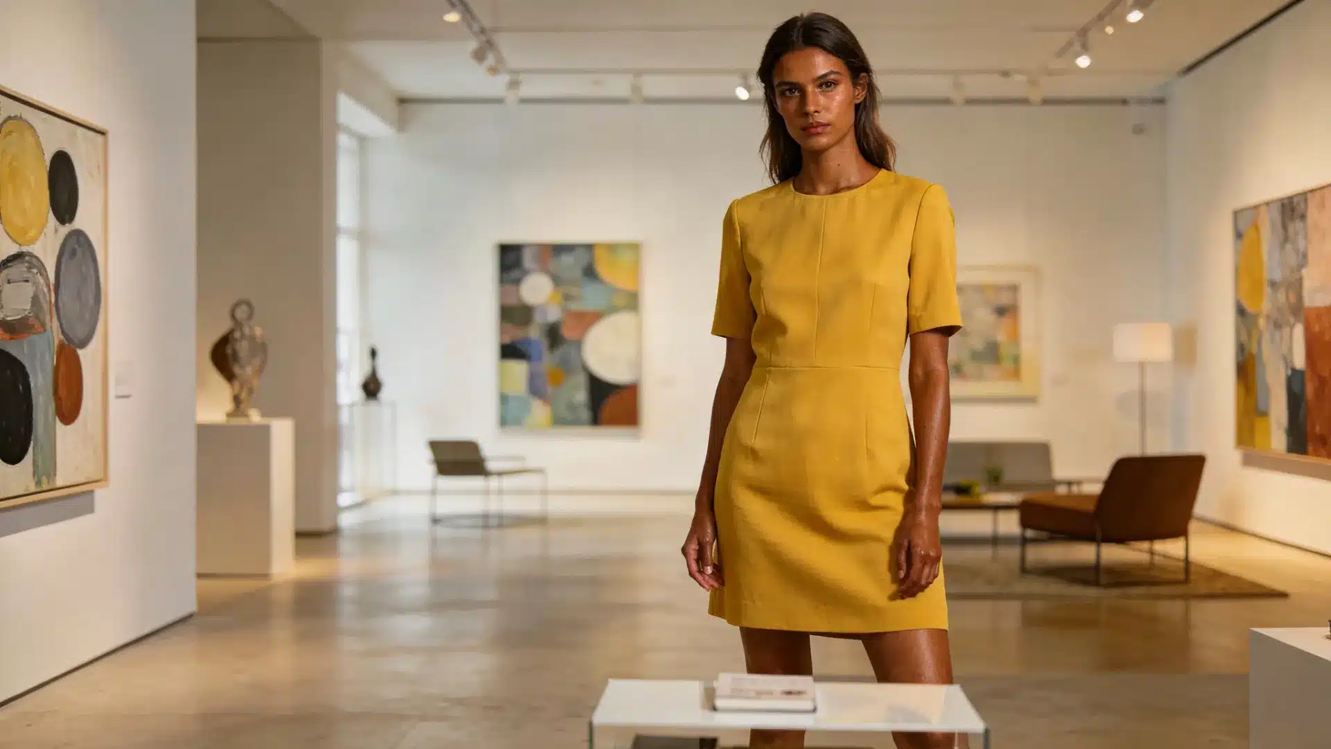 Mustard yellow shift dress with a straight, relaxed silhouette. (1)