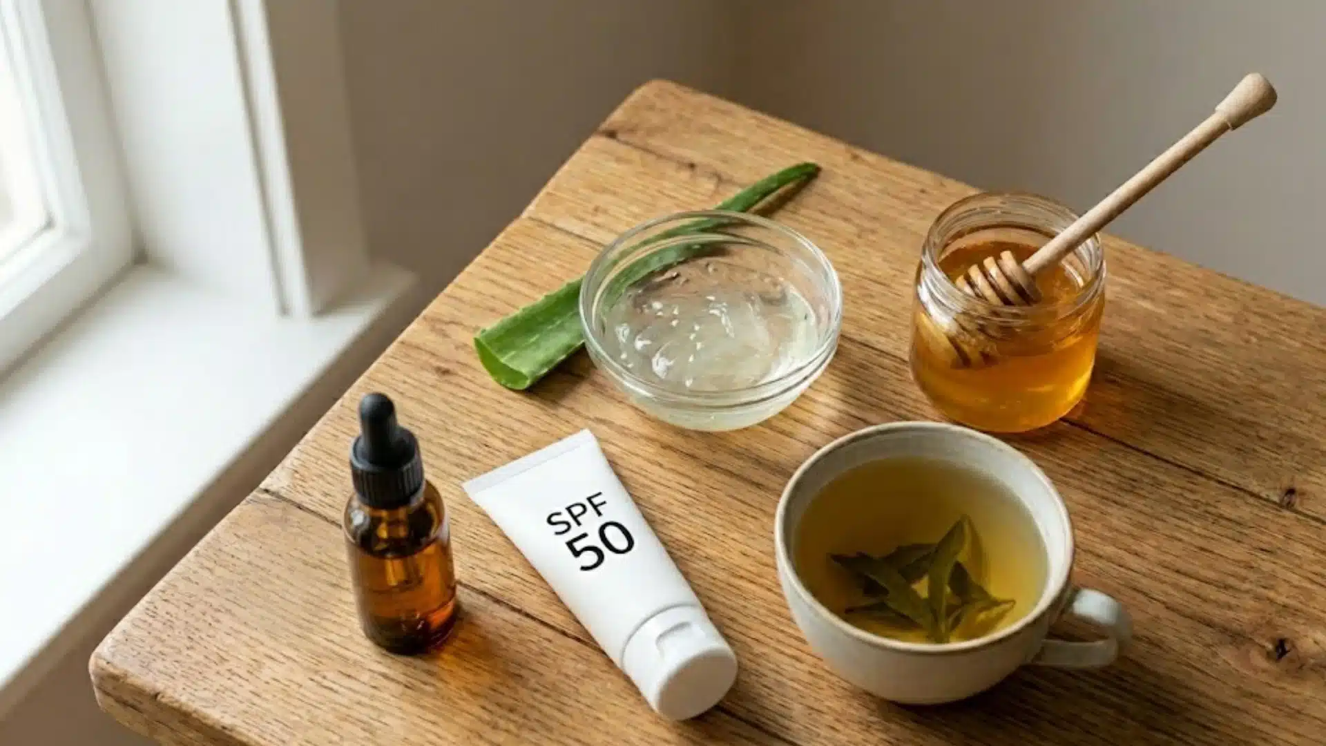 Natural skincare ingredients including aloe vera, honey, green tea, rosehip oil, and SPF on a wooden table