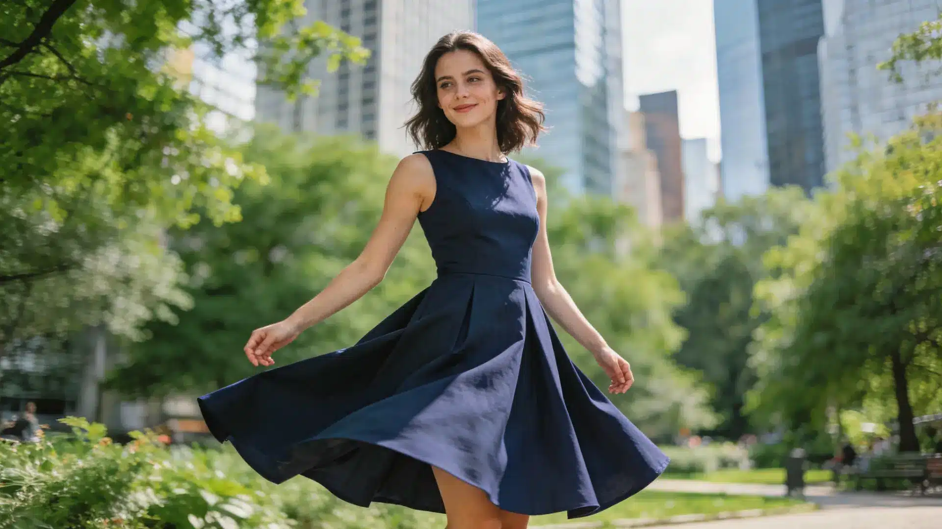 Navy blue A-line dress with a fitted bodice and flared skirt.