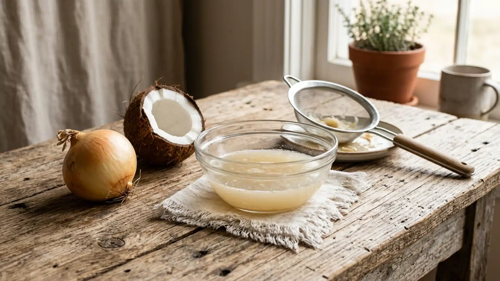 Onion juice and coconut oil growth mask on reclaimed wood