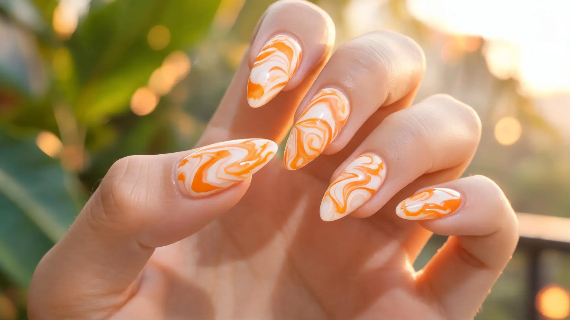 Orange and white swirl nails