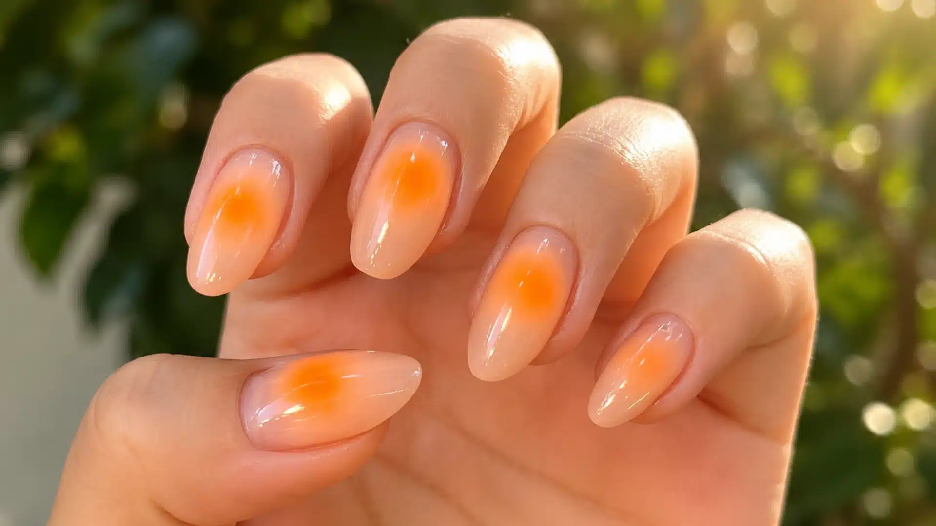 Orange aura nails on glossy almond-shaped manicure