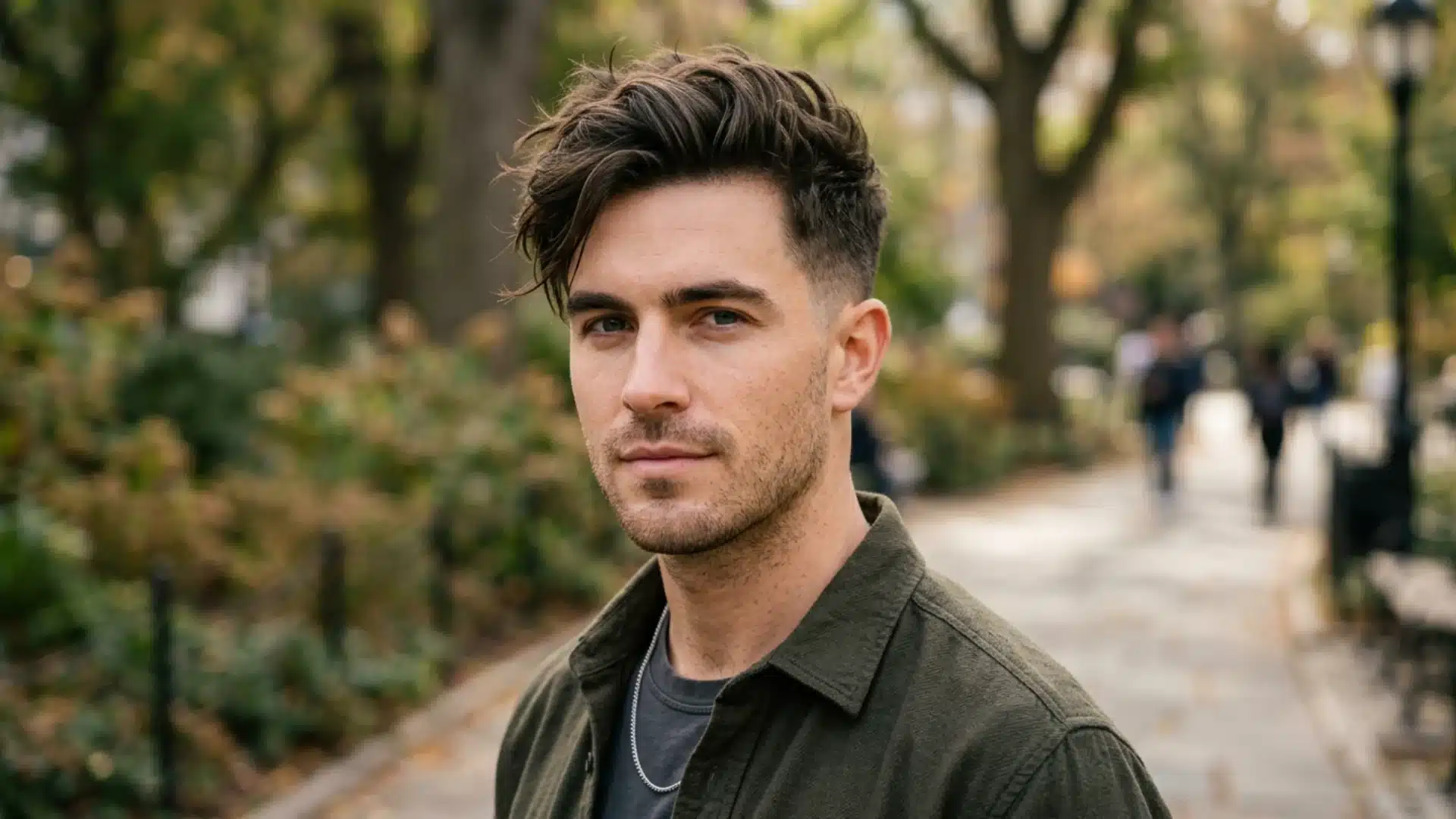 Outdoor lifestyle shot of messy side swept crew cut, tousled top with mid taper sides