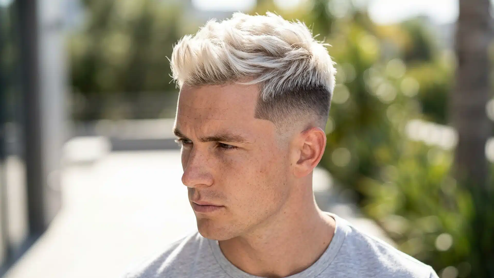 Overhead beauty shot of blonde side swept crew cut with high fade, colour contrast between blonde top and fade line