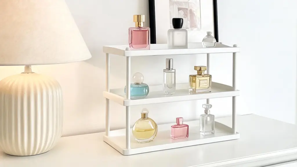 Perfume bottles displayed on a white shelf beside a lamp, showing fragrance storage and daily scent options